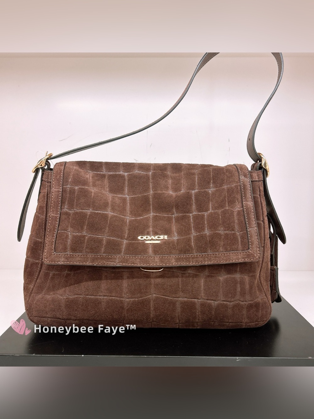COACH etta Brown Suede Croc-Embossed Shoulder Bag